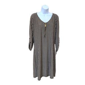 Tacera Black Cream Geometric Dress Long Roll Tab Sleeves Sz P-L #04